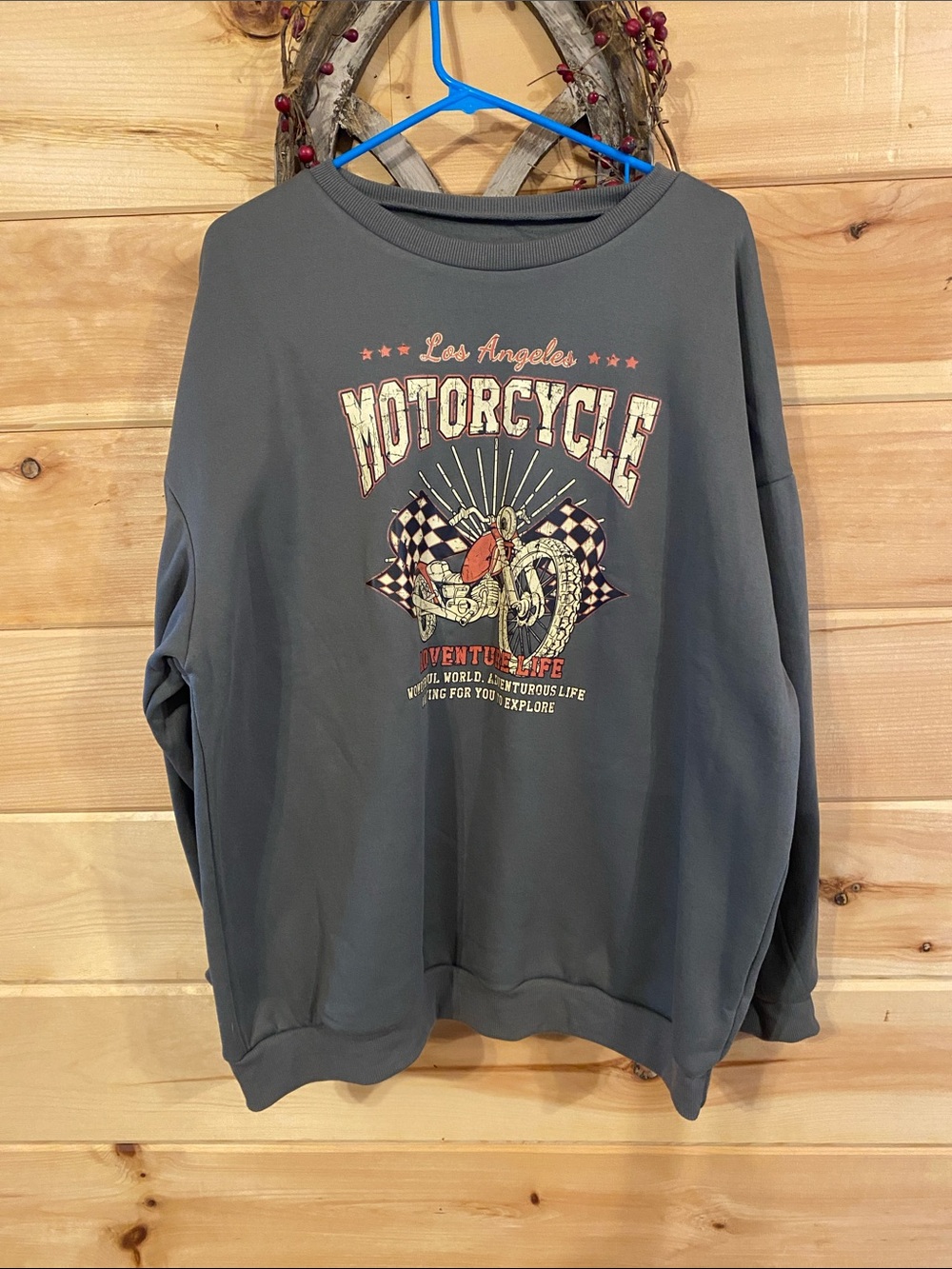 $9-Shein large olive/Gray Motorcycle Graphic Sweatshirt